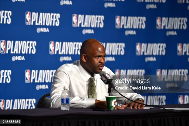 Nate McMillan of the Indiana Pacers speak to the media after game against the Cleveland Cavaliers in Game One of Round One during the 2018 NBA...