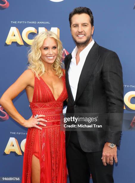 Caroline Boyer and Luke Bryan attend the 53rd Academy of Country Music Awards at MGM Grand Garden Arena on April 15, 2018 in Las Vegas, Nevada.