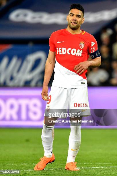 Radamel Falcao of AS Monaco reacts during the Ligue 1 match between Paris Saint Germain and AS Monaco at Parc des Princes on April 15, 2018 in Paris,...