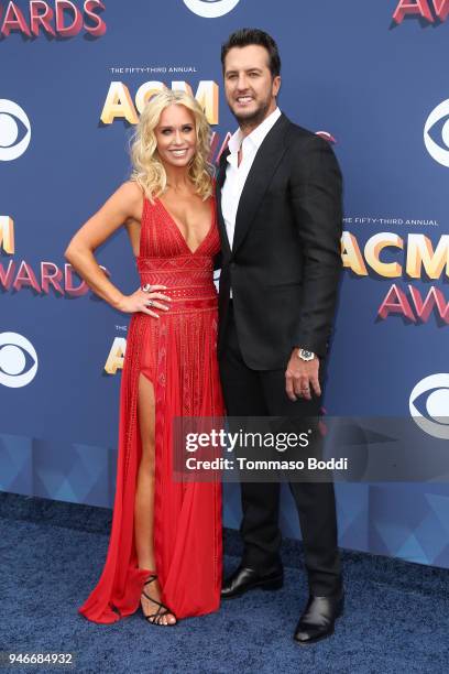 Caroline Boyer and Luke Bryan attend the 53rd Academy of Country Music Awards at MGM Grand Garden Arena on April 15, 2018 in Las Vegas, Nevada