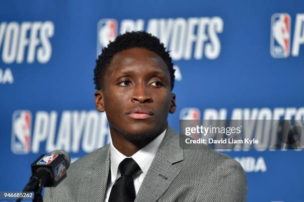 Victor Oladipo of the Indiana Pacers speaks to media after game against the Cleveland Cavaliers in Game One of Round One during the 2018 NBA Playoffs...