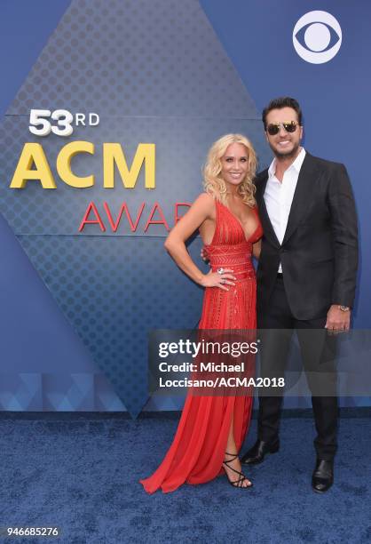 Caroline Boyer and Luke Bryan attend the 53rd Academy of Country Music Awards at MGM Grand Garden Arena on April 15, 2018 in Las Vegas, Nevada.