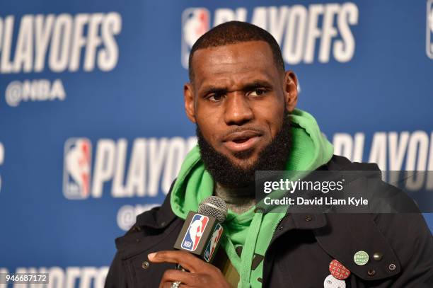 LeBron James of the Cleveland Cavaliers speaks to media after game against the Indiana Pacers in Game One of Round One during the 2018 NBA Playoffs...