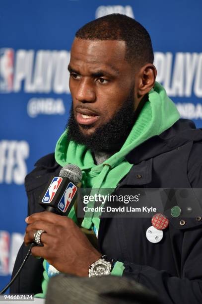 LeBron James of the Cleveland Cavaliers speaks to media after game against the Indiana Pacers in Game One of Round One during the 2018 NBA Playoffs...