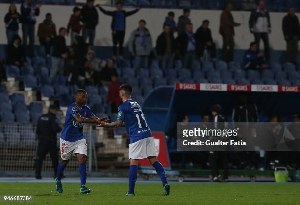 Os Belenenses forward Fredy from Angola celebrates with teammate CF Os Belenenses forward Nathan from Brazil after scoring a goal during the Primeira...