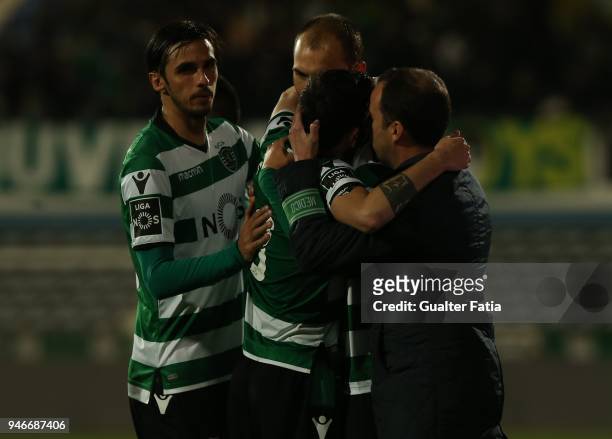 Sporting CP midfielder Bruno Fernandes from Portugal celebrates with teammates after scoring a goal during the Primeira Liga match between CF Os...