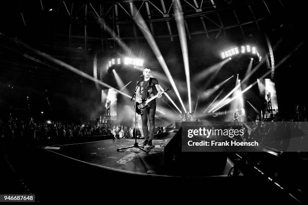 Singer Philipp Burger of the band Frei.Wild performs live on stage during a concert at the Velodrom on April 15, 2018 in Berlin, Germany.