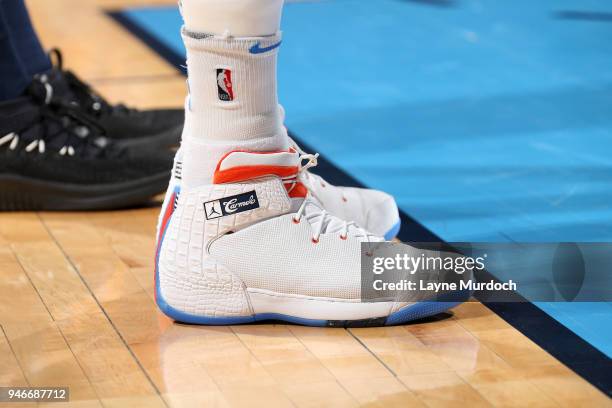 The sneakers of Carmelo Anthony of the Oklahoma City Thunder during the game against the Utah Jazz during Game One of Round One of the 2018 NBA...