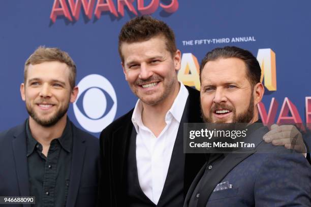 Max Thieriot, David Boreanaz, and AJ Buckley attend the 53rd Academy of Country Music Awards at MGM Grand Garden Arena on April 15, 2018 in Las...