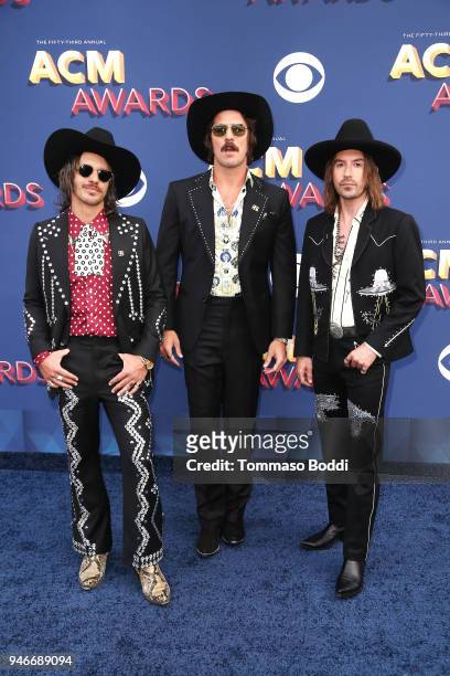 Cameron Duddy, Mark Wystrach, and Jess Carson of musical group Midland attend the 53rd Academy of Country Music Awards at MGM Grand Garden Arena on...