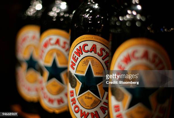 Bottles of Newcastle Brown Ale on display at a bar in London, U.K., on Thursday, Nov. 15, 2007. Scottish & Newcastle Plc, the U.K.'s largest brewer,...