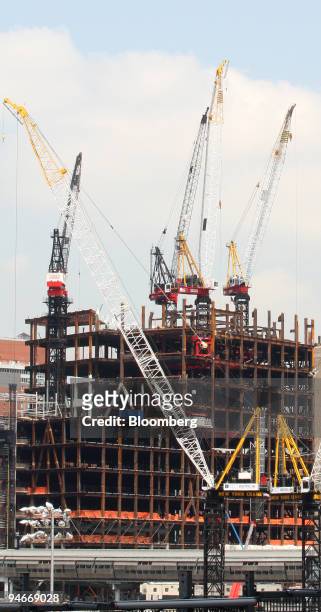 Cranes fill the sky above construction sites for the new Goldman Sachs headquarters, background, and the Freedom Tower, foreground, in Lower...