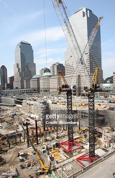 Cranes criss-cross above the Freedom Tower construction site at Ground Zero, the 16-acre World Trade Center site, Thursday, July 26 in New York. The...