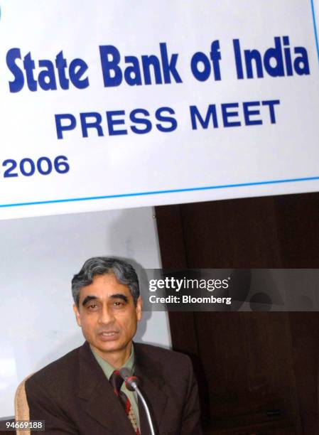 State Bank of India's new Chairman Om Prakash Bhatt speaks to the media the first day he is taking charge, in the bank's headquarters, Mumbai, India,...