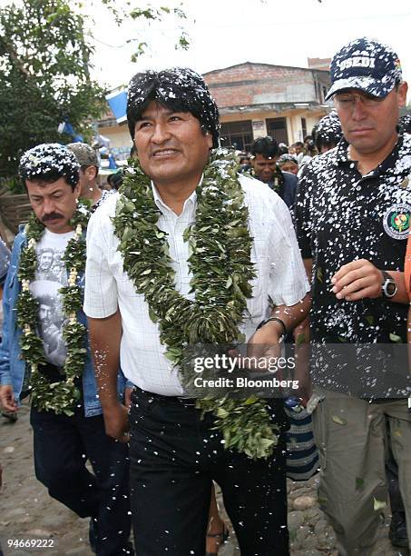 Bolivian President Evo Morales is welcomed with coca leaves and confetti in his hometown of Villa 14 de Septiembre, in the Chapare region of Bolivia,...