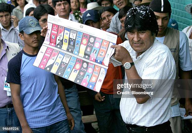 Evo Morales shows the ballot as he prepares to vote in Bolivia's autonomy referendum and elections for Constituent Assembly in his hometown of Villa...