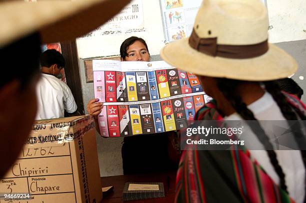 Quechua voters are shown the ballot during Bolivia's autonomy referendum and elections for the nation's upcoming constituent assembly, in the Chapare...