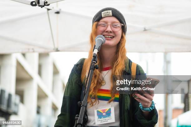 Event organizer Erin Bailey speaks at the first Columbus Pride Festival on Fourth Street on April 14, 2018 in Columbus, Indiana.