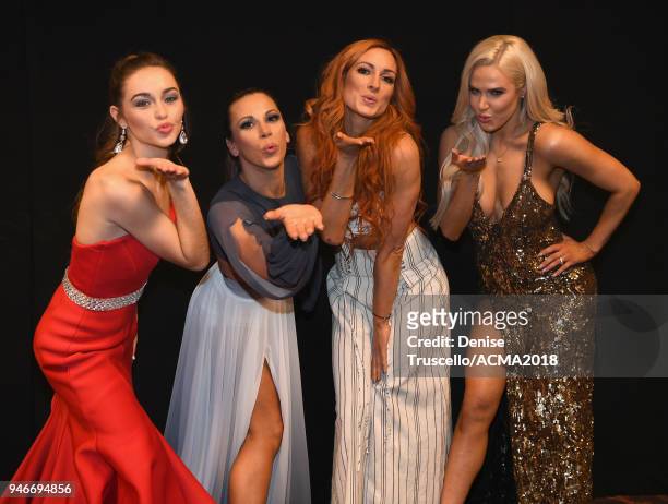 Kaylin Marie Roberson, Mickie James, Becky Lynch, and Lana attend the 53rd Academy of Country Music Awards at MGM Grand Garden Arena on April 15,...