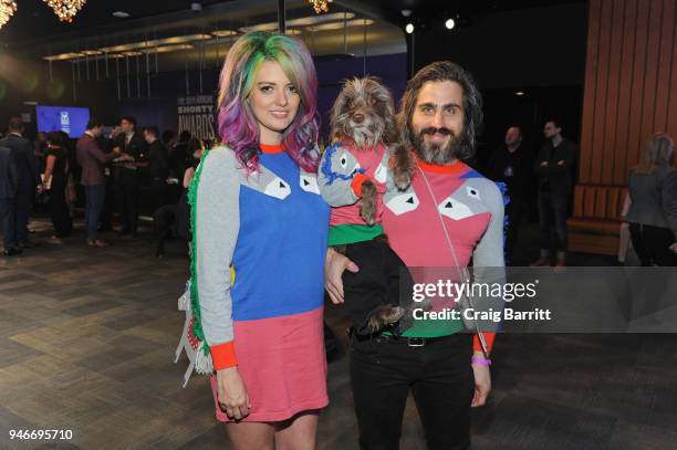 Chantal Adair, Rosenberg the dog, and Topher Brophy attend the 10th Annual Shorty Awards at PlayStation Theater on April 15, 2018 in New York City.