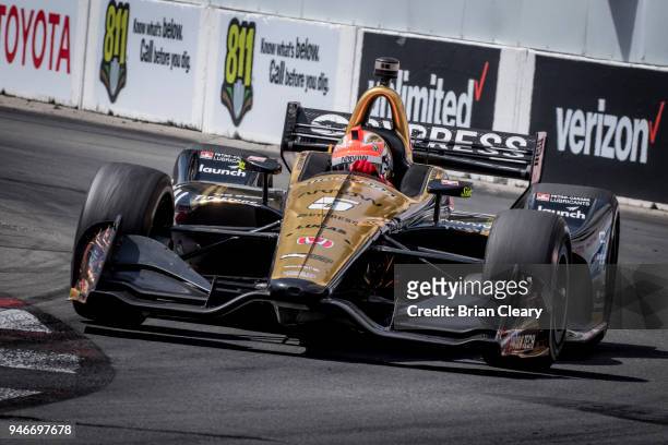 James Hinchcliffe, of Canada, drives the Honda IndyCar on the track during the Toyota Grand Prix of Long Beach IndyCar race on April 15, 2018 in Long...