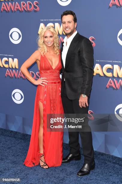 Luke Bryan and Caroline Bryan attend the 53rd Academy of Country Music Awards at the MGM Grand Garden Arena on April 15, 2018 in Las Vegas, Nevada.