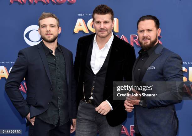 Max Thieriot, David Boreanaz, and A. J. Buckley attend the 53rd Academy of Country Music Awards at MGM Grand Garden Arena on April 15, 2018 in Las...