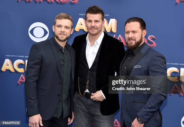 Max Thieriot, David Boreanaz, and A. J. Buckley attend the 53rd Academy of Country Music Awards at MGM Grand Garden Arena on April 15, 2018 in Las...