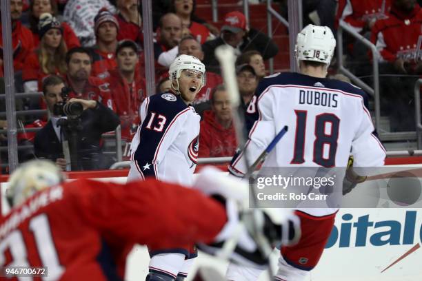 Cam Atkinson of the Columbus Blue Jackets celebrates scoring a first period goal against the Washington Capitals during Game Two of the Eastern...