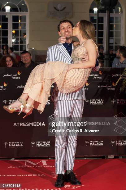 Actor Julian Villagran and actress Ester Exposito attend 'No Dormiras' premiere at the Cervantes Theater on April 15, 2018 in Malaga, Spain.