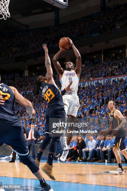 Jerami Grant of the Oklahoma City Thunder shoots the ball against the Utah Jazz during Game One of Round One of the 2018 NBA Playoffs on April 15,...