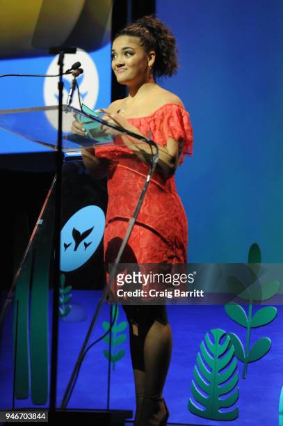 Gymnast Laurie Hernandez speaks onstage during the 10th Annual Shorty Awards at PlayStation Theater on April 15, 2018 in New York City.