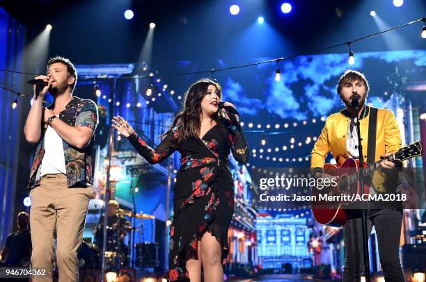 Charles Kelley, Hillary Scott and Dave Haywood of Lady Antebellum perform onstage during the 53rd Academy of Country Music Awards at MGM Grand Garden...