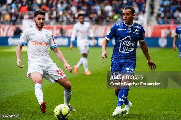 Morgan Sanson of Marseille and Johann Obiang of Troyes during the Ligue 1 match between Troyes Estac and Olympique de Marseille at Stade de l'Aube on...