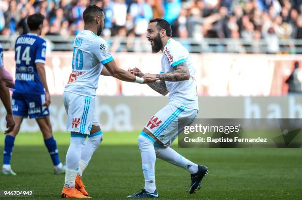 Dimitri Payet and Kostas Mitroglou of Marseille celebrates during the Ligue 1 match between Troyes Estac and Olympique de Marseille at Stade de...