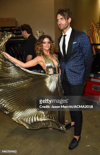 Maren Morris and Ryan Hurd back stage at the 53rd Academy of Country Music Awards at MGM Grand Garden Arena on April 15, 2018 in Las Vegas, Nevada.