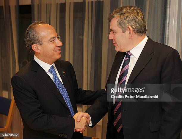British Prime Minister Gordon Brown meets with Mexican President Felipe Calderon at The UN Climate Change Conference on December 17, 2009 in...
