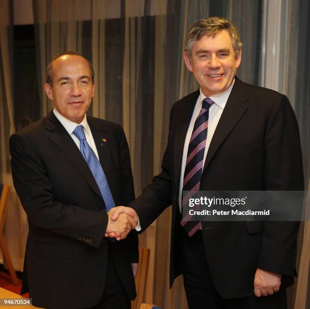 British Prime Minister Gordon Brown meets with Mexican President Felipe Calderon at The UN Climate Change Conference on December 17, 2009 in...