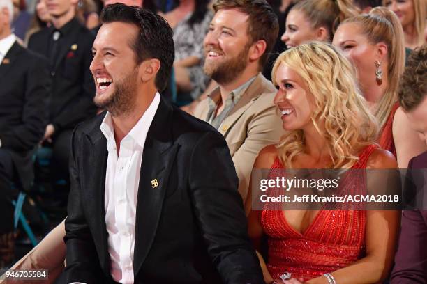 Luke Bryan and Caroline Boyer attend the 53rd Academy of Country Music Awards at MGM Grand Garden Arena on April 15, 2018 in Las Vegas, Nevada.