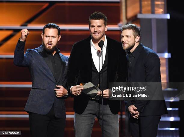 Buckley, David Boreanaz and Max Thieriot present an award onstage during the 53rd Academy of Country Music Awards at MGM Grand Garden Arena on April...