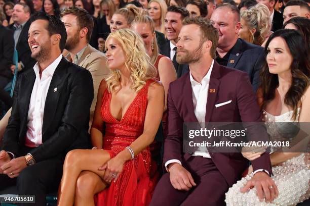 Luke Bryan, Caroline Boyer, Dierks Bentley, Cassidy Black attend the 53rd Academy of Country Music Awards at MGM Grand Garden Arena on April 15, 2018...