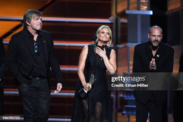 Jack Ingram, Miranda Lambert and Jon Randall accept the Song of the Year award for 'Tin Man' onstage during the 53rd Academy of Country Music Awards...