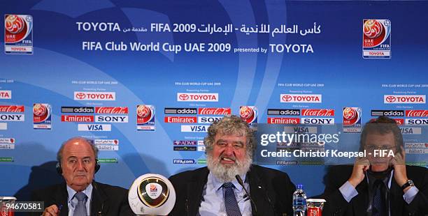 President Joseph Blatter, Chuck Blazer, chiarman of FIFA Club World Cup organising committee and FIFA general secretary Jerome Valcke attend the...