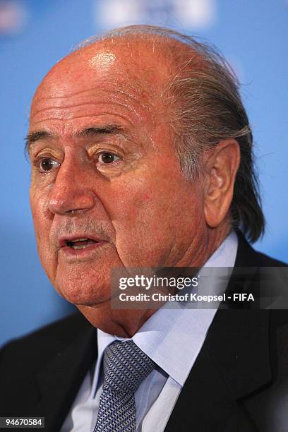 President Joseph Blatter attends the press conference held by the FIFA organising committee at the Emirates Palace Hotel on December 17, 2009 in Abu...