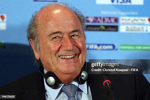 President Joseph Blatter attends the press conference held by the FIFA organising committee at the Emirates Palace Hotel on December 17, 2009 in Abu...