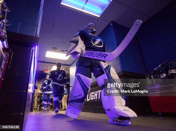 Goalie Andrei Vasilevskiy of the Tampa Bay Lightning leads his team out to the ice for the game against the New Jersey Devils in Game Two of the...