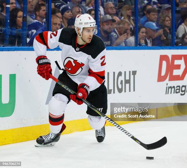 John Moore of the New Jersey Devils against the Tampa Bay Lightning in Game Two of the Eastern Conference First Round during the 2018 NHL Stanley Cup...