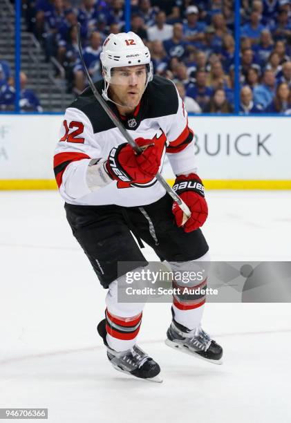 Ben Lovejoy of the New Jersey Devils against the Tampa Bay Lightning in Game Two of the Eastern Conference First Round during the 2018 NHL Stanley...