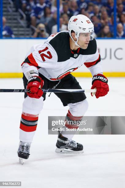 Ben Lovejoy of the New Jersey Devils against the Tampa Bay Lightning in Game Two of the Eastern Conference First Round during the 2018 NHL Stanley...