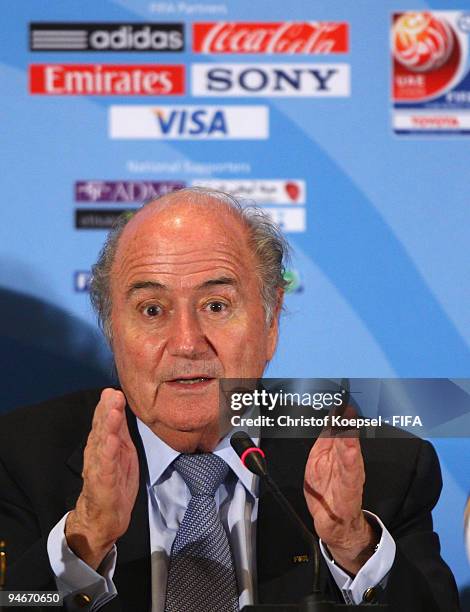 President Joseph Blatter attends the press conference held by the FIFA organising committee at the Emirates Palace Hotel on December 17, 2009 in Abu...